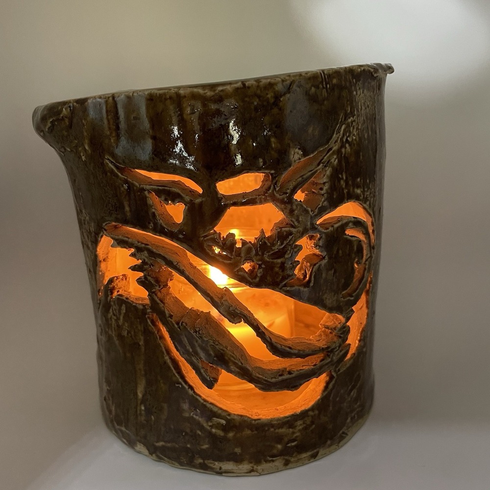 Handmade Moody Pottery FOX Luminary Candle Holder Lantern Vintage 90s Dark Art